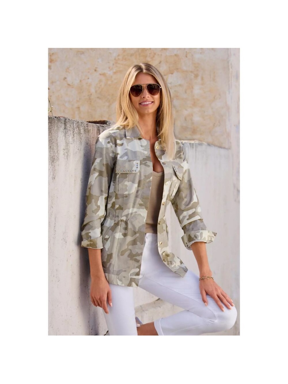 Boston Proper Women's Beige & Olive Camo Utility Jacket - Picture 1 of 12